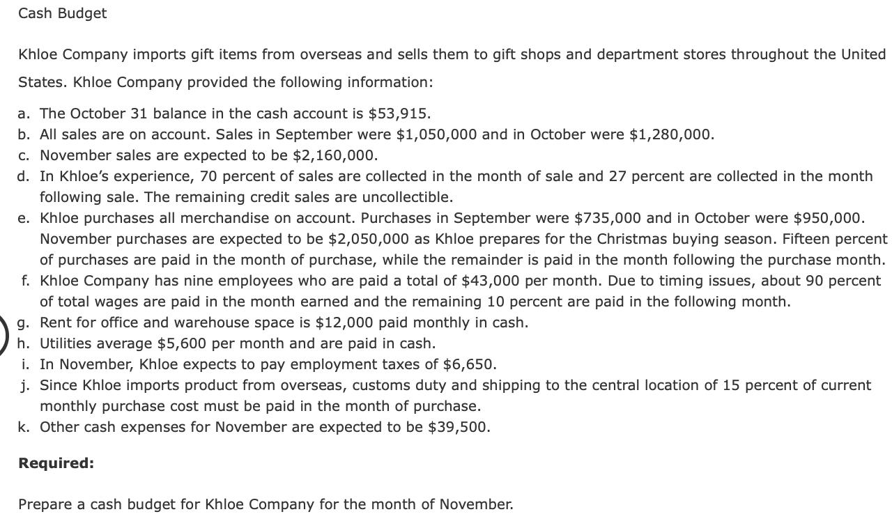 Cash Budget Khloe Company Imports Gift Items From Overseas And Sells Them To Gift Shops And Department Stores Throughout 1