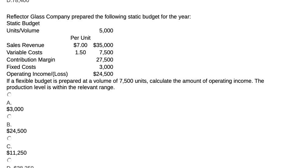Reflector Glass Company Prepared The Following Static Budget For The Year Static Budget Units Volume 5 000 Per Unit 7 1