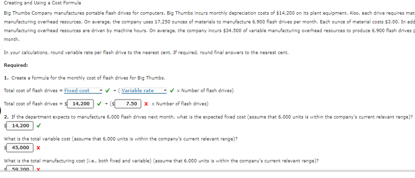 Creating And Using A Cost Formula Big Thumbs Company Manufactures Portable Flash Drives For Computers Big Thumbs Incurs 1