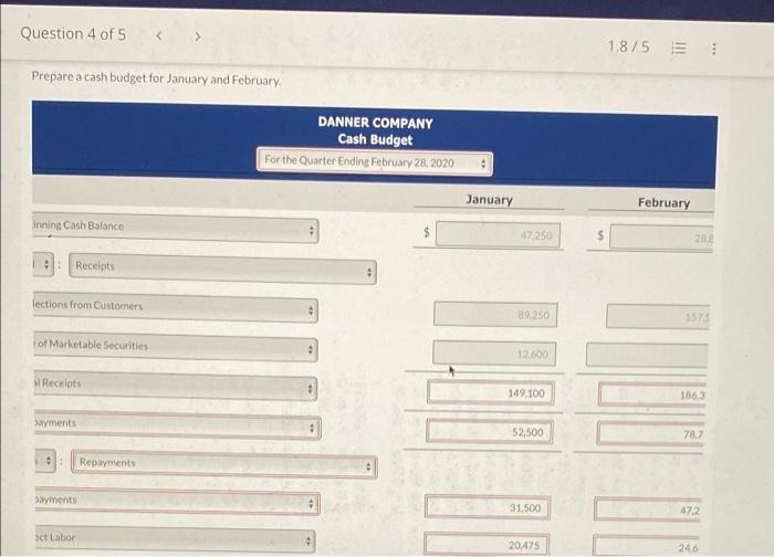 Question 4 Of 5 1 8 5 I Danner Company Expects To Have A Cash Balance Of 47 250 On January 1 2020 Relevant Monthl 3