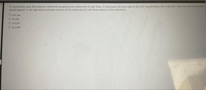 A Corporation Uses The Indirect Method For Preparing The Statement Of Cash Flows A Fixed Asset Has Been Sold For 25 95 1