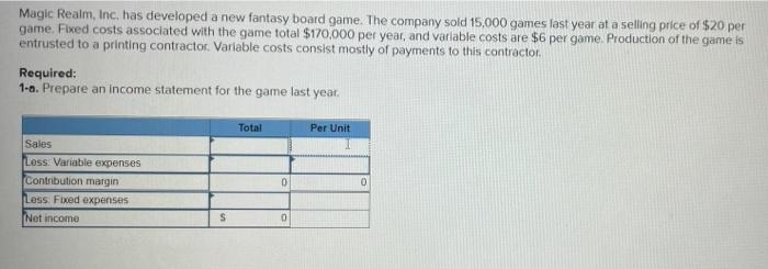 Magic Realm Inc Has Developed A New Fantasy Board Game The Company Sold 15 000 Games Last Year At A Selling Price Of 1