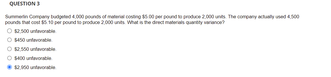 Question 3 Summerlin Company Budgeted 4 000 Pounds Of Material Costing 5 00 Per Pound To Produce 2 000 Units The Compa 1