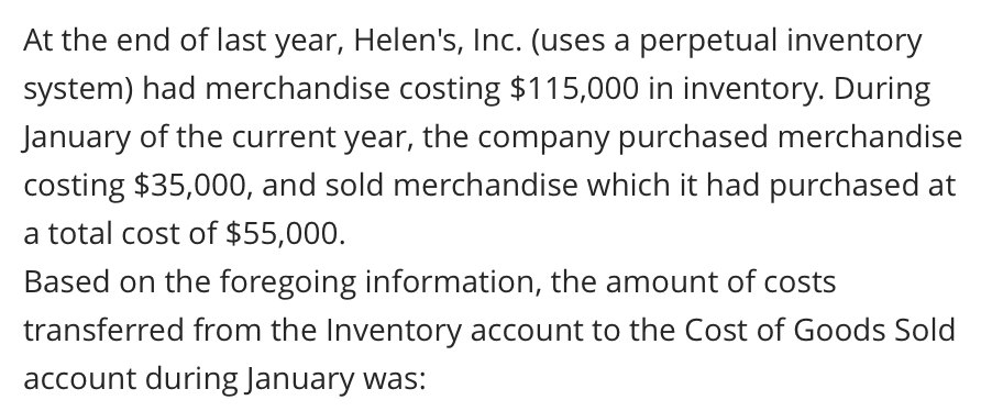 At The End Of Last Year Helen S Inc Uses A Perpetual Inventory System Had Merchandise Costing 115 000 In Inventory 1