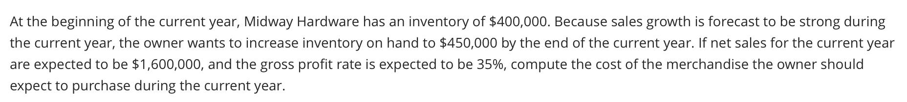 At The Beginning Of The Current Year Midway Hardware Has An Inventory Of 400 000 Because Sales Growth Is Forecast To 1