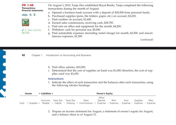 Pr 1 4b Transactions Financial Statements Objs 4 5 2 Net Income 9 200 42 Chapter 1 Assets On August 1 2010 Tanj 1