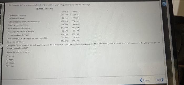 The Balance Sheets At The End Of Each Of The First Two Years Of Operations Indicate The Following Kellman Company Year 1 1