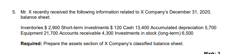 5 Mr X Recently Received The Following Information Related To X Company S December 31 2020 Balance Sheet Inventories 1