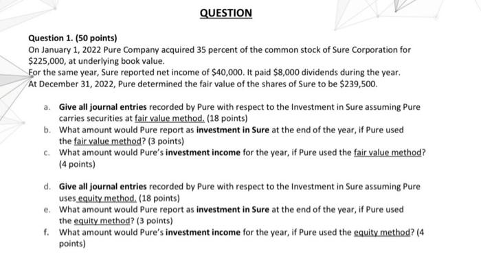 Question Question 1 50 Points On January 1 2022 Pure Company Acquired 35 Percent Of The Common Stock Of Sure Corpora 1