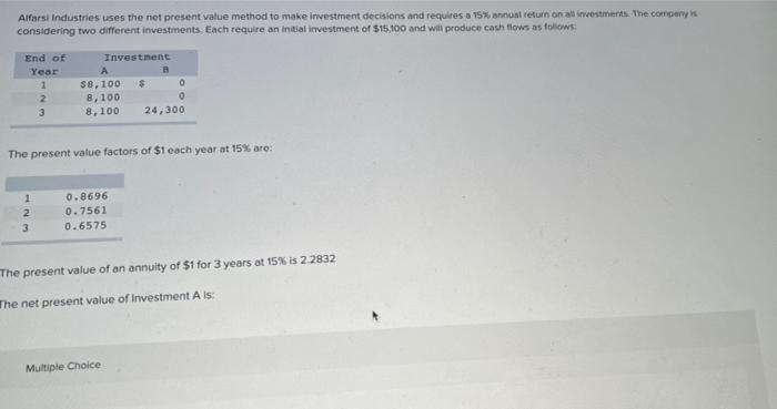 Alfarsi Industries Uses The Net Present Value Method To Make Investment Decisions And Requires A 15 Annual Return On Al 1