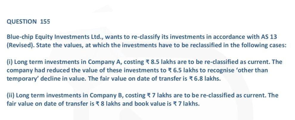 Question 155 Blue Chip Equity Investments Ltd Wants To Re Classify Its Investments In Accordance With As 13 Revised 1