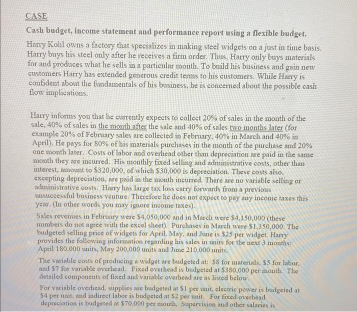 Case Cash Budget Income Statement And Performance Report Using A Flexible Budget Harry Kohl Owns A Factory That Specia 1