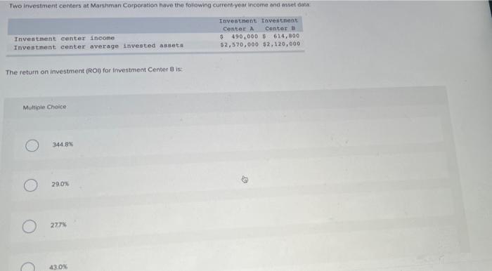 Two Investment Centers At Marshman Corporation Have The Following Current Year Income And Asset Data Investment Investme 1