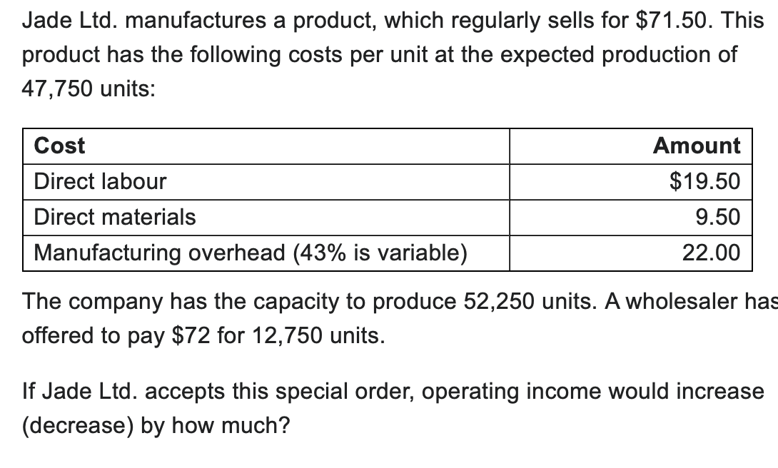 Jade Ltd Manufactures A Product Which Regularly Sells For 71 50 This Product Has The Following Costs Per Unit At The 1