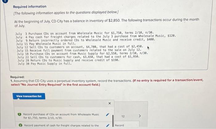 Required Information The Following Information Applies To The Questions Displayed Below At The Beginning Of July Cd 1