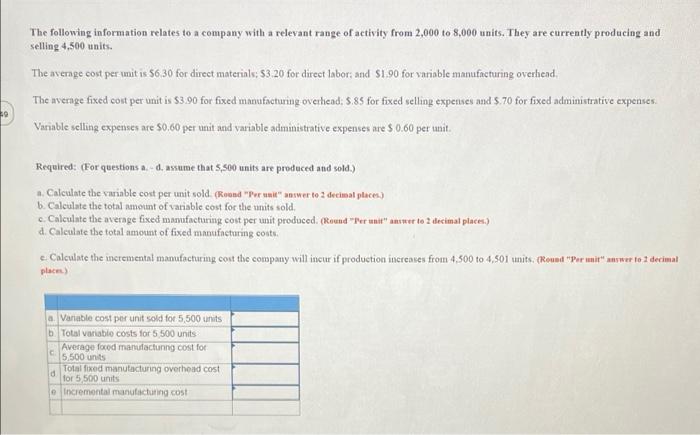 39 The Following Information Relates To A Company With A Relevant Range Of Activity From 2 000 To 8 000 Units They Are 1