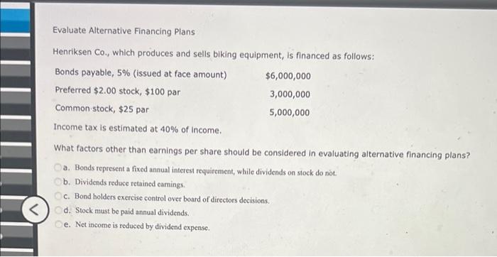 Evaluate Alternative Financing Plans Henriksen Co Which Produces And Sells Biking Equipment Is Financed As Follows B 1