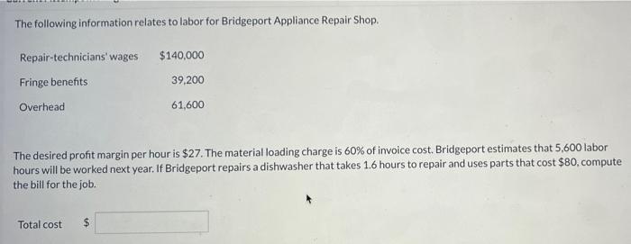 The Following Information Relates To Labor For Bridgeport Appliance Repair Shop Repair Technicians Wages Fringe Benefi 1
