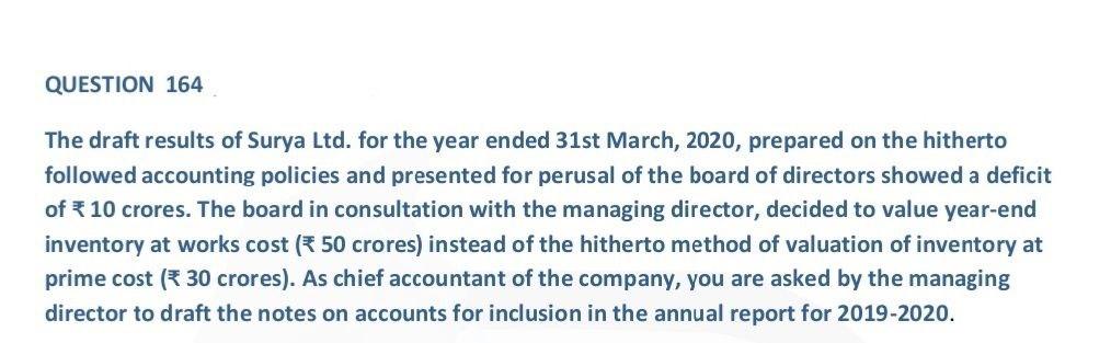 Question 164 The Draft Results Of Surya Ltd For The Year Ended 31st March 2020 Prepared On The Hitherto Followed Acco 1