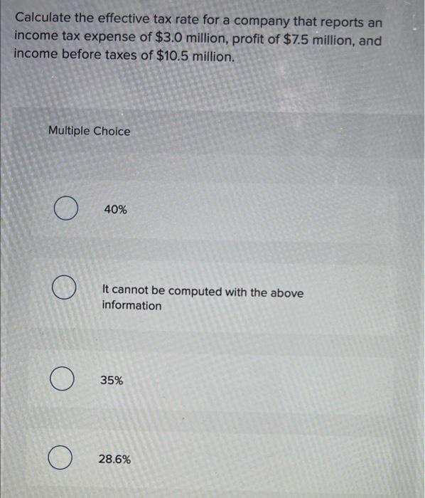 Calculate The Effective Tax Rate For A Company That Reports An Income Tax Expense Of 3 0 Million Profit Of 7 5 Millio 1