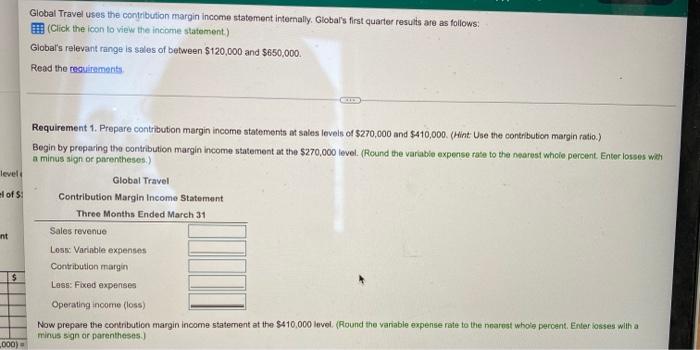 Level Of Nt 000 Global Travel Uses The Contribution Margin Income Statement Internally Global S First Quarter Resu 1