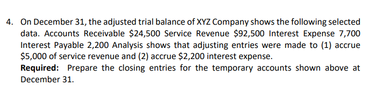 4 On December 31 The Adjusted Trial Balance Of Xyz Company Shows The Following Selected Data Accounts Receivable 24 1