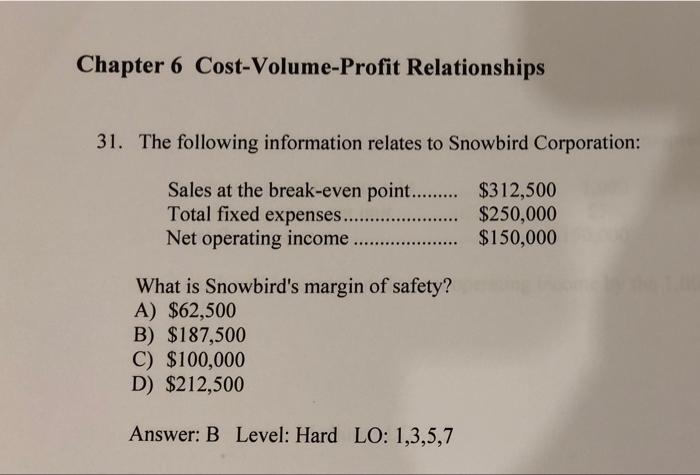 Chapter 6 Cost Volume Profit Relationships 31 The Following Information Relates To Snowbird Corporation Sales At The B 1