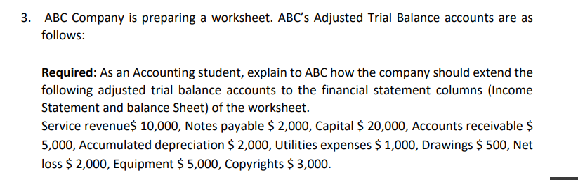 3 Abc Company Is Preparing A Worksheet Abc S Adjusted Trial Balance Accounts Are As Follows Required As An Accountin 1