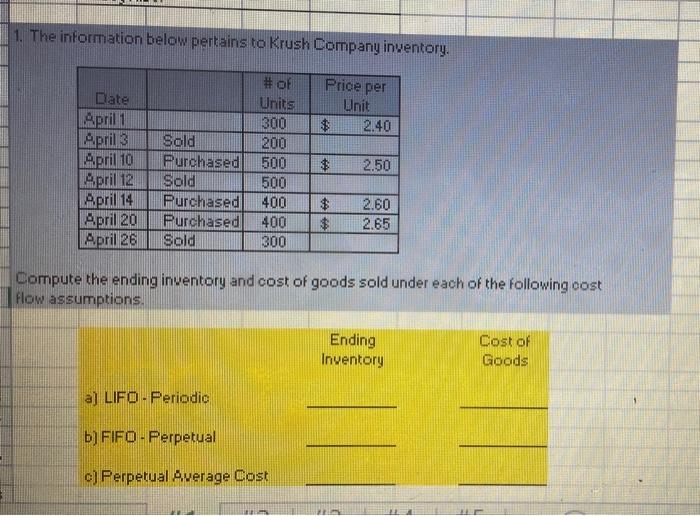 1 The Information Below Pertains To Krush Company Inventory Price Per Unit Date April 1 April 3 April 10 April 12 Apri 1