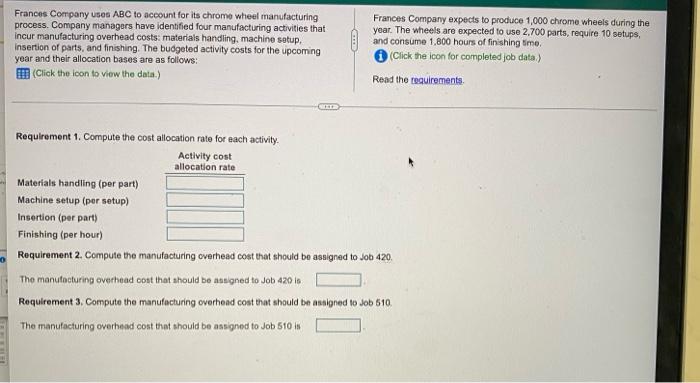 Frances Company Uses Abc To Account For Its Chrome Wheel Manufacturing Process Company Managers Have Identified Four Ma 1