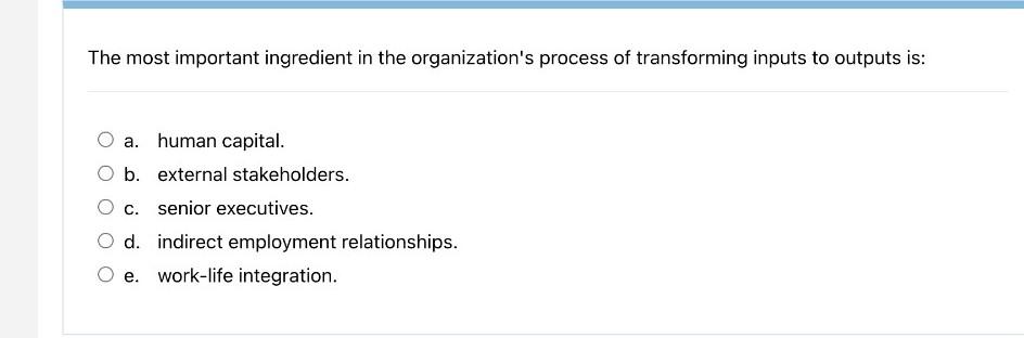 The Most Important Ingredient In The Organization S Process Of Transforming Inputs To Outputs Is A Human Capital B E 1