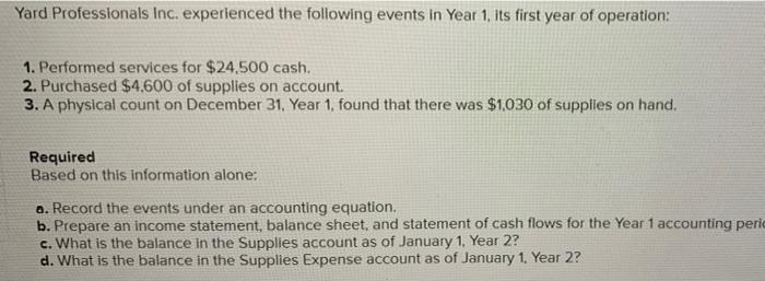 Yard Professionals Inc Experienced The Following Events In Year 1 Its First Year Of Operation 1 Performed Services F 1