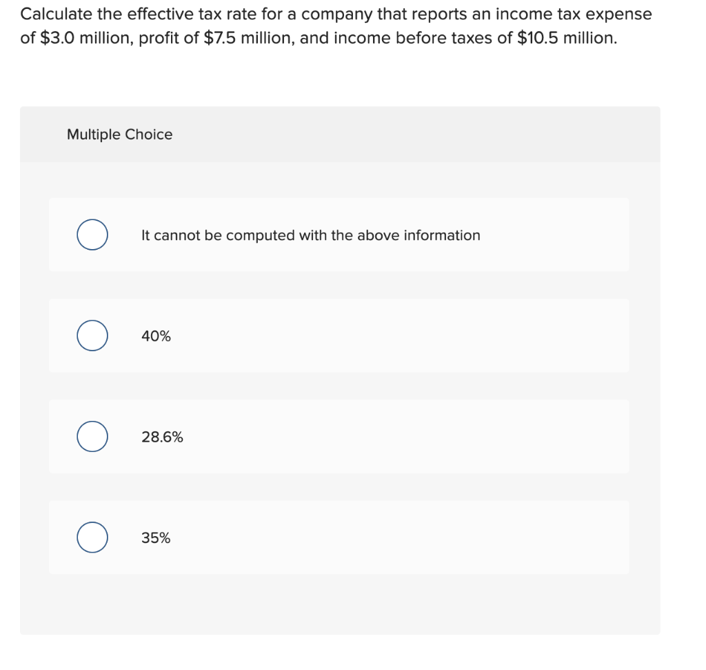 Calculate The Effective Tax Rate For A Company That Reports An Income Tax Expense Of 3 0 Million Profit Of 7 5 Millio 1