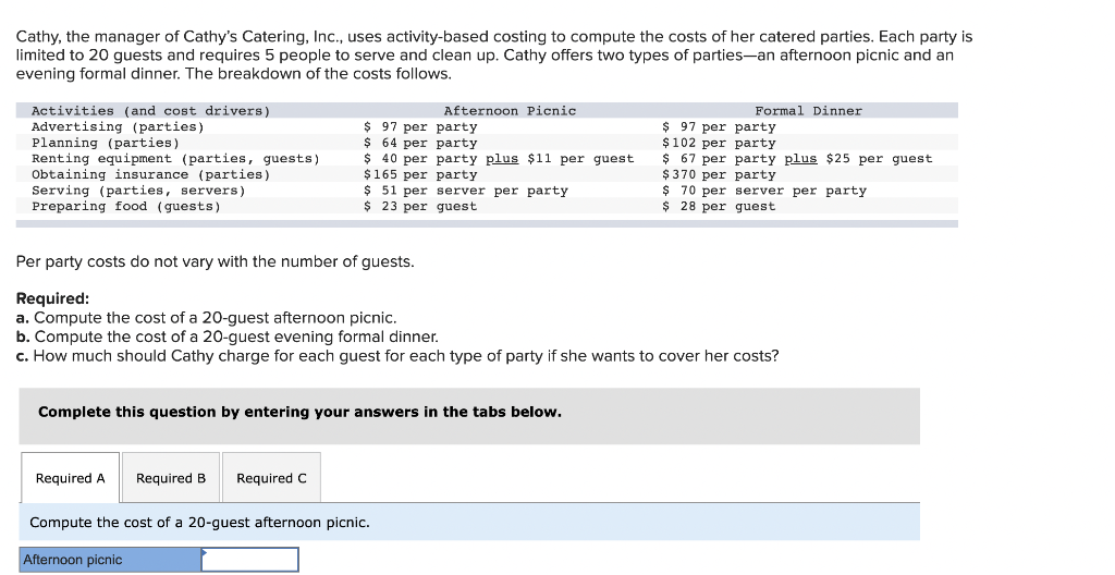 Cathy The Manager Of Cathy S Catering Inc Uses Activity Based Costing To Compute The Costs Of Her Catered Parties E 1