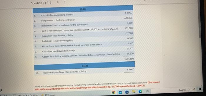 Question 6 Of 12 1 2 3 4 5 7 8 9 10 Debit Cost Of Filling And Grading The Land I Full Payment To Building Contrac 1