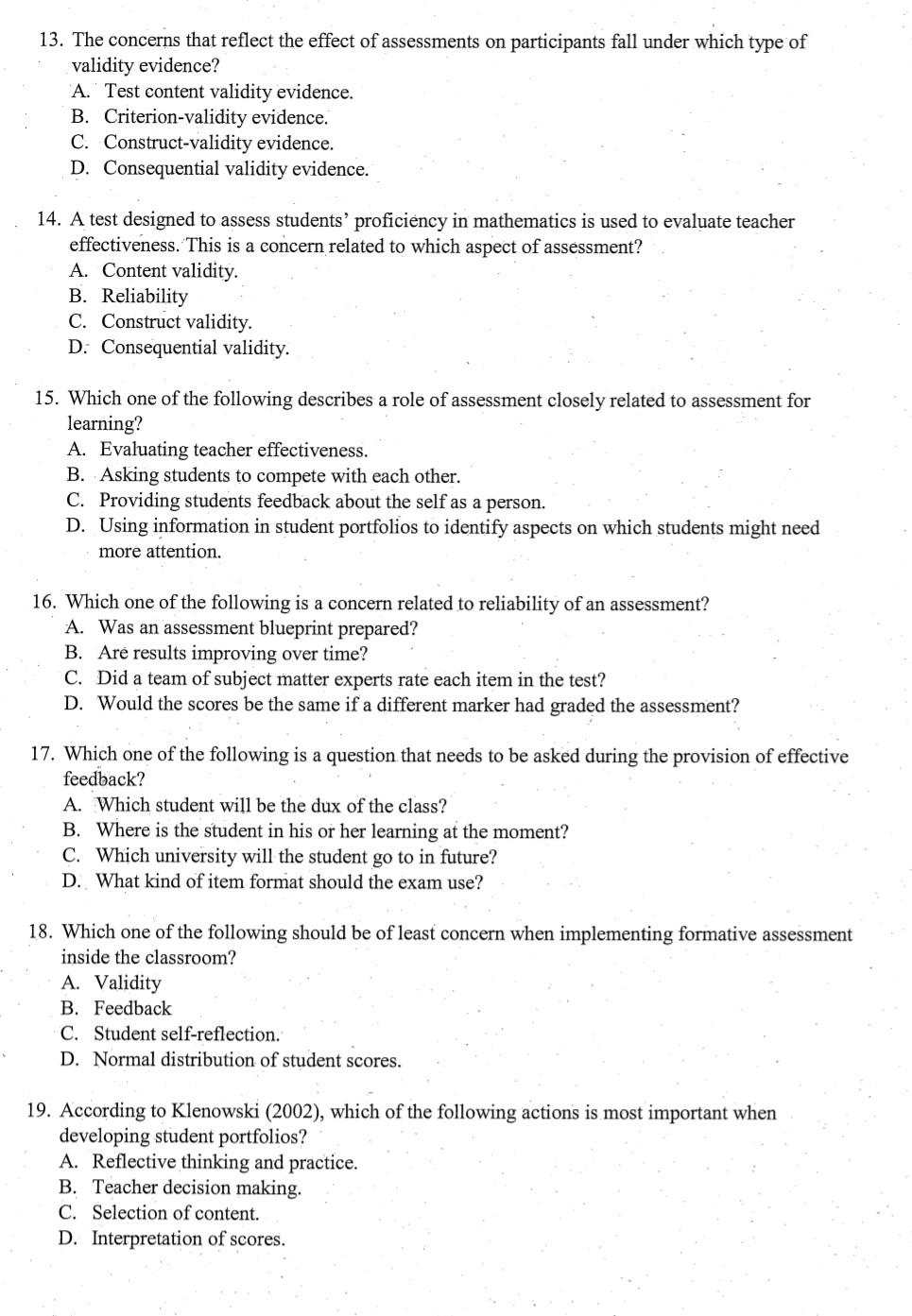 M 13 The Concerns That Reflect The Effect Of Assessments On Participants Fall Under Which Type Of Validity Evidence A 1
