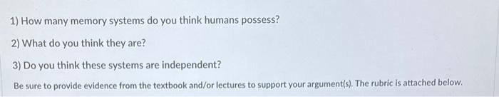 1 How Many Memory Systems Do You Think Humans Possess 2 What Do You Think They Are 3 Do You Think These Systems Are 1