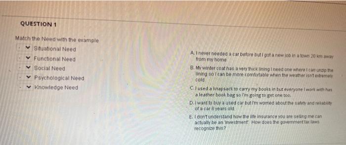 Question 1 Match The Need With The Example Situational Need Functional Need Social Need Psychological Need Knowledge Nee 1