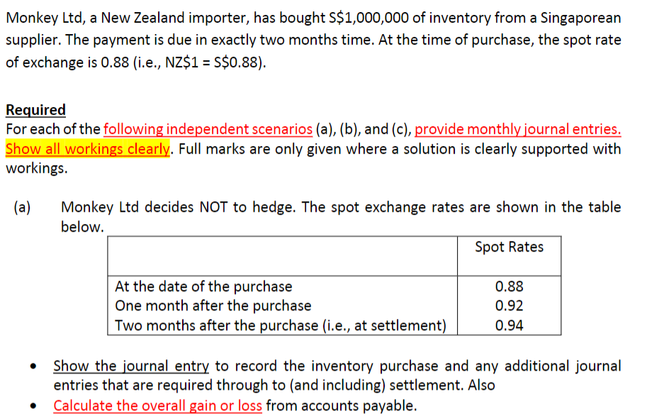 Monkey Ltd A New Zealand Importer Has Bought S 1 000 000 Of Inventory From A Singaporean Supplier The Payment Is Due 1