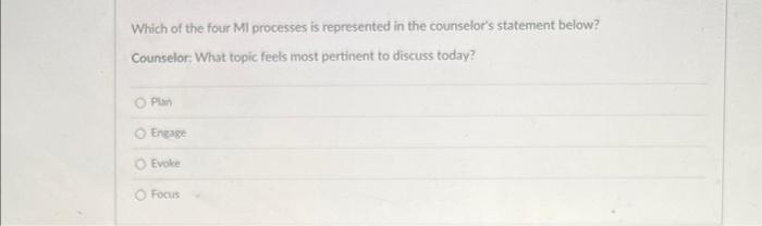 Which Of The Four Mi Processes Is Represented In The Counselor S Statement Below Counselor What Topic Feels Most Perti 1
