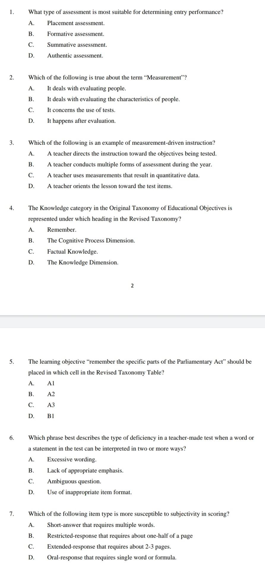 1 2 3 4 5 6 7 What Type Of Assessment Is Most Suitable For Determining Entry Performance A Placement Assessment 1