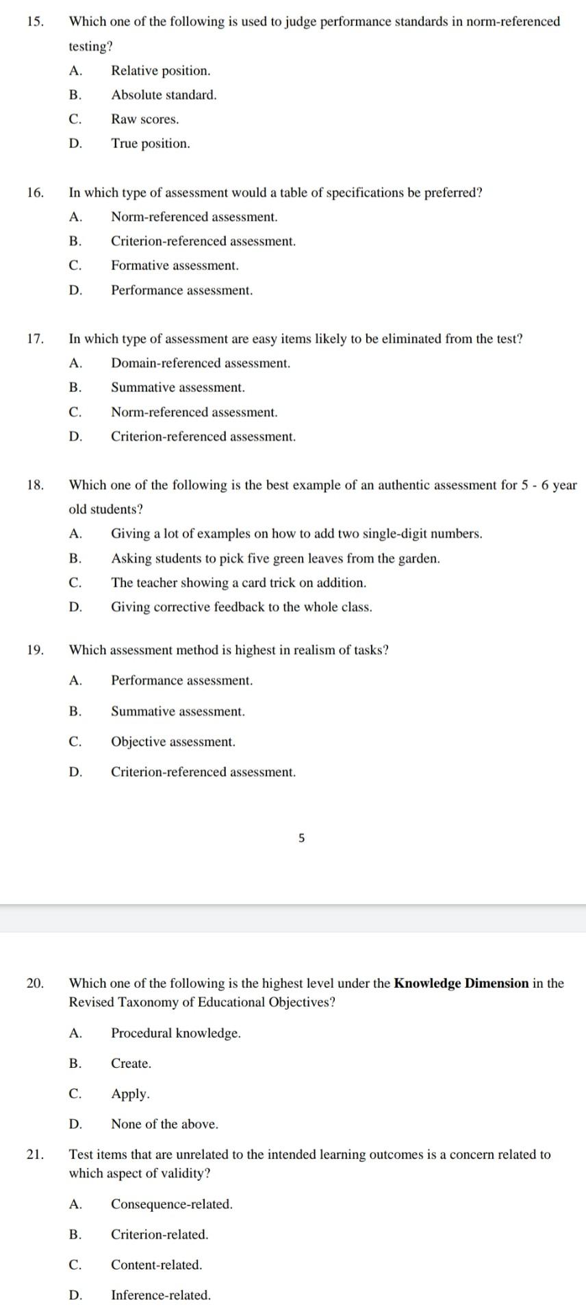 15 16 17 18 Which One Of The Following Is Used To Judge Performance Standards In Norm Referenced Testing A B C D 1