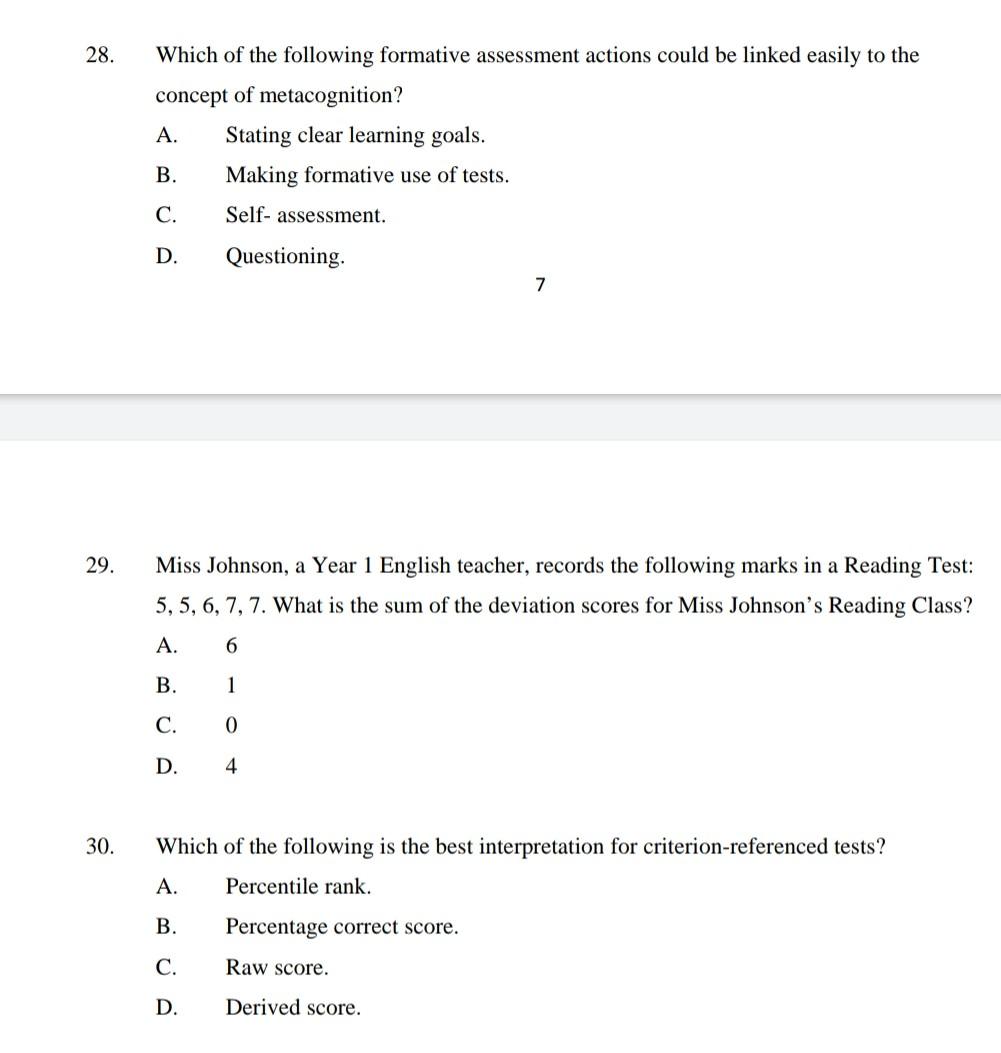 28 29 30 Which Of The Following Formative Assessment Actions Could Be Linked Easily To The Concept Of Metacognition 1