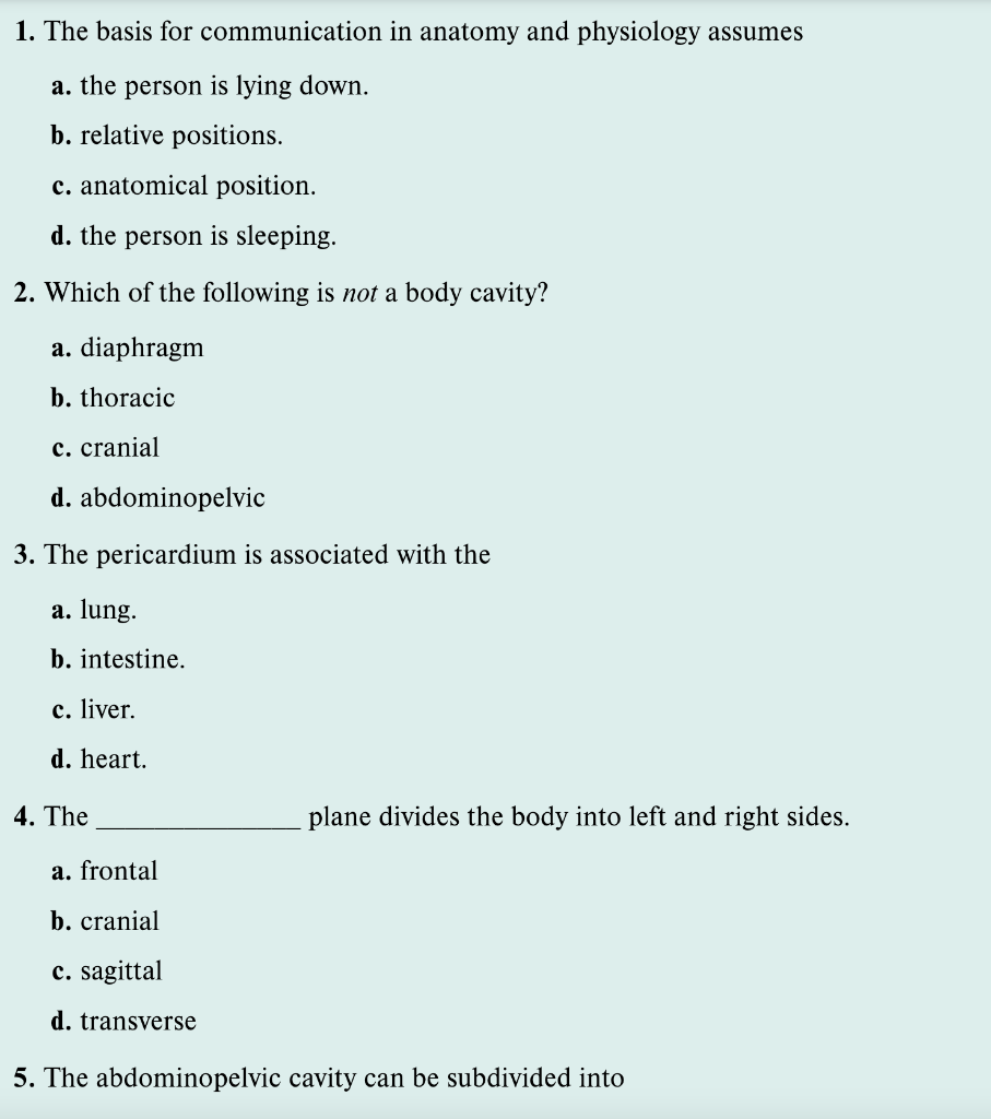 1 The Basis For Communication In Anatomy And Physiology Assumes A The Person Is Lying Down B Relative Positions C 1