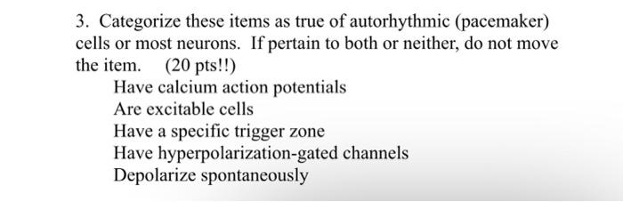 3 Categorize These Items As True Of Autorhythmic Pacemaker Cells Or Most Neurons If Pertain To Both Or Neither Do N 1