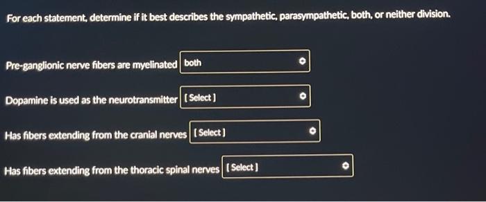 For Each Statement Determine If It Best Describes The Sympathetic Parasympathetic Both Or Neither Division Pre Gang 1