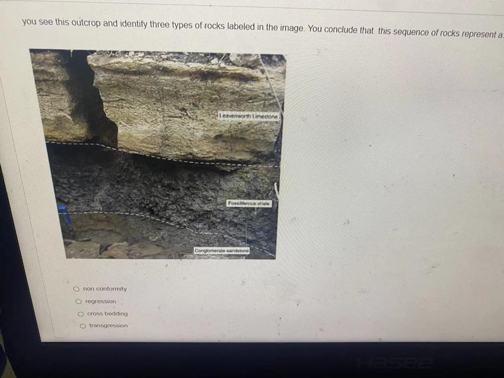 You See This Outcrop And Identify Three Types Of Rocks Labeled In The Image You Conclude That This Sequence Of Rocks Re 1