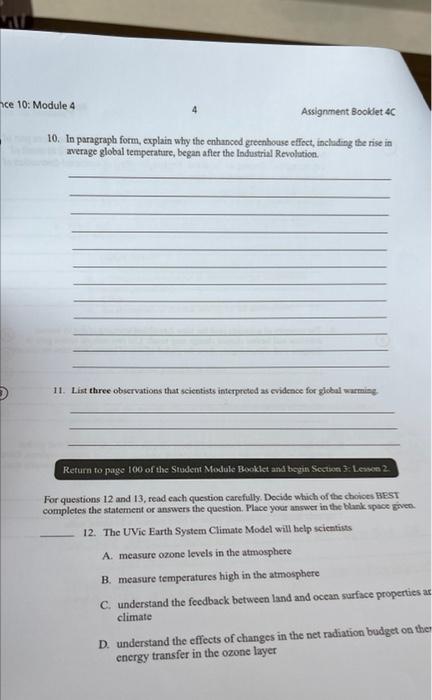 Ce 10 Module 4 Assignment Booklet 4c 10 In Paragraph Form Explain Why The Enhanced Greenhouse Effect Including The R 1