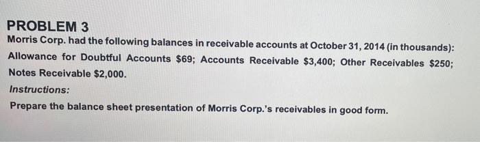 Problem 3 Morris Corp Had The Following Balances In Receivable Accounts At October 31 2014 In Thousands Allowance F 1