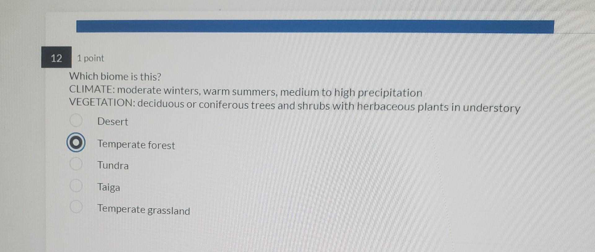 12 1 Point Which Biome Is This Climate Moderate Winters Warm Summers Medium To High Precipitation Vegetation Decidu 1